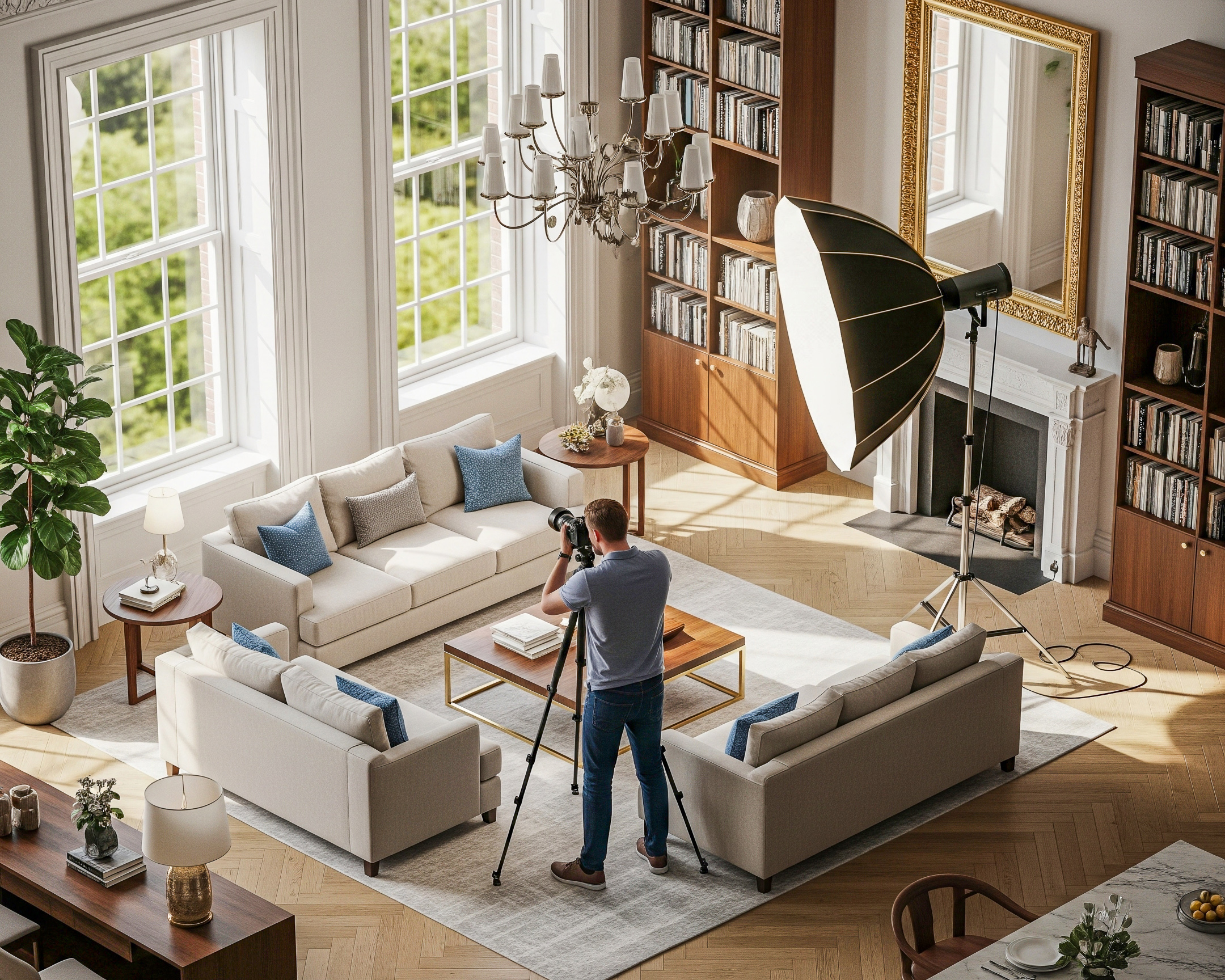 A property photography shoot in Bath, with a photographer capturing a stunning Georgian room with modern design, utilising professional lighting equipment.